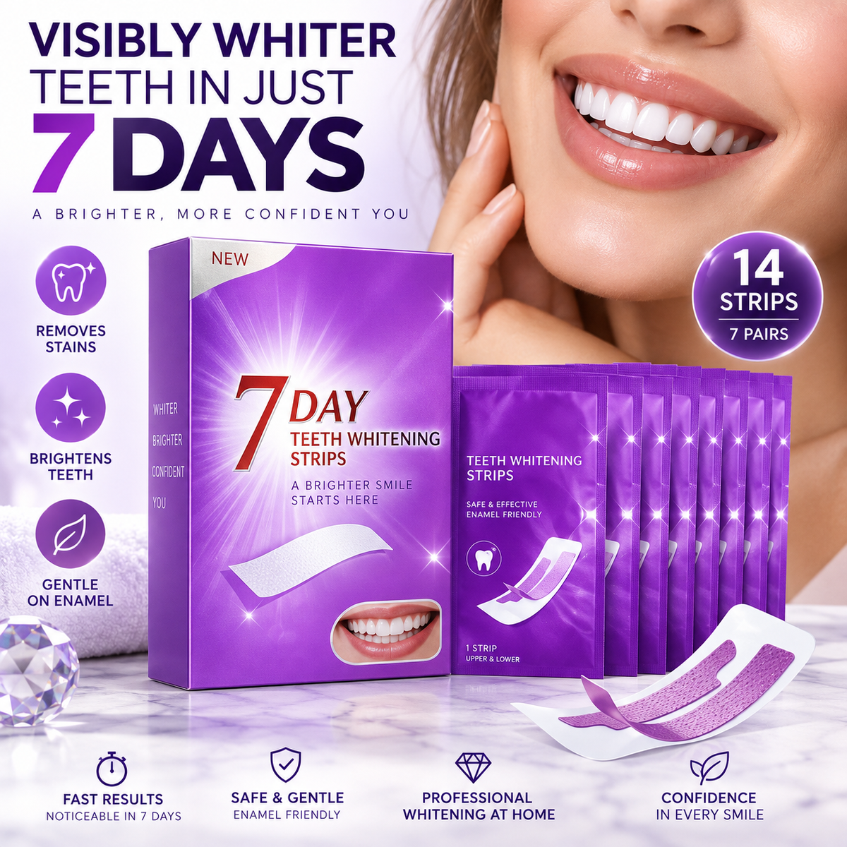 Purple Teeth Whitening Strips for Adults, Gentle Enamel-Friendly Whitening Strips for Coffee, Tea & Wine Stains, Easy At-Home Teeth Whitening Kit