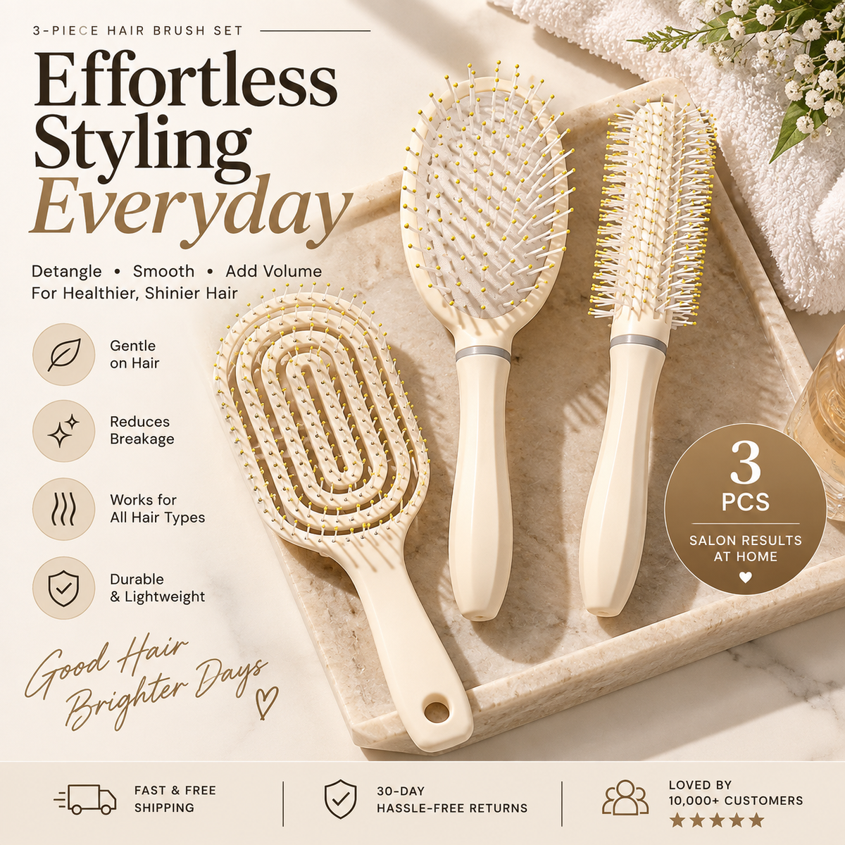 3-Piece Everyday Hair Styling Brush Set